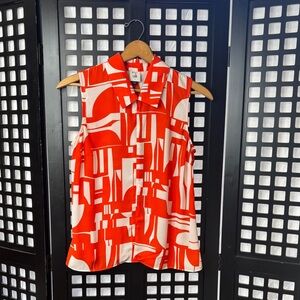 🧡 CAbi Orange & White Geometric Sleeveless Flowy Top Women Small 🧡